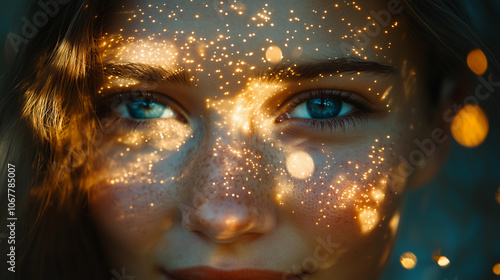 close up portrait of a woman with wild blue eyes and a feminine attitude, featuring a glow on her face and warm lights symbolizing femininity