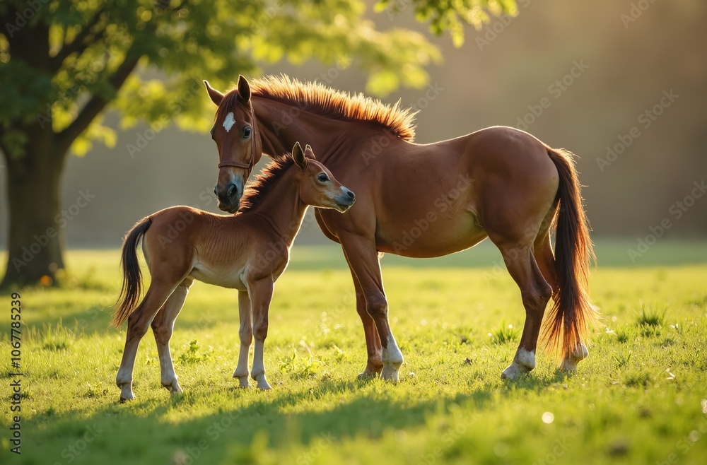 Fototapeta premium mare and foal in field