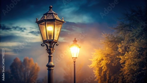 Vintage pole street light shining at night in a quiet urban street , vintage, pole, street light, night, urban, antique