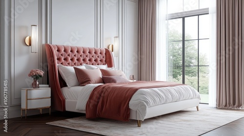 Luxurious Bedroom Interior with Pink Bedding and a Large Window
