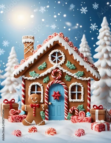 Christmas background with gingerbread house with winter decoration