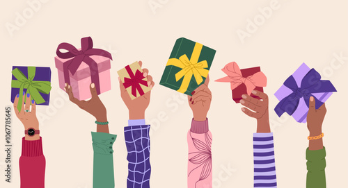 Different hands holding gift boxes. People give and exchange holiday presents. Hand drawn vector vector illustration isolated on light background, modern flat cartoon style.