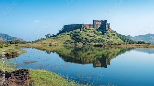 A majestic ancient fort stands tall on a hilltop, its reflection mirroring in the tranquil lake below.