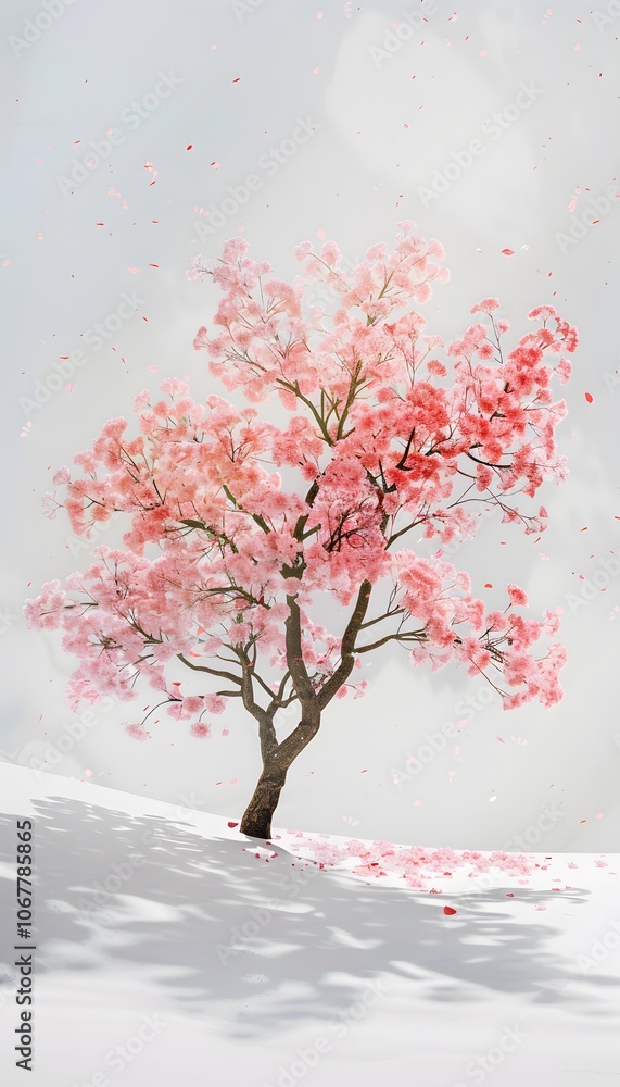 A solitary pink tree stands amidst a snowy landscape, petals gently falling around it. A solitary pink tree stands amidst a snowy landscape, petals gently falling around it.