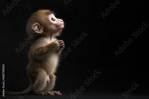 the beside view baby Potto primate standing, left side view, low angle, white copy space on right, Isolated on black Background photo