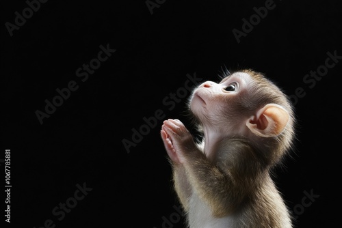 the beside view baby Potto primate standing, left side view, low angle, white copy space on right, Isolated on black Background photo