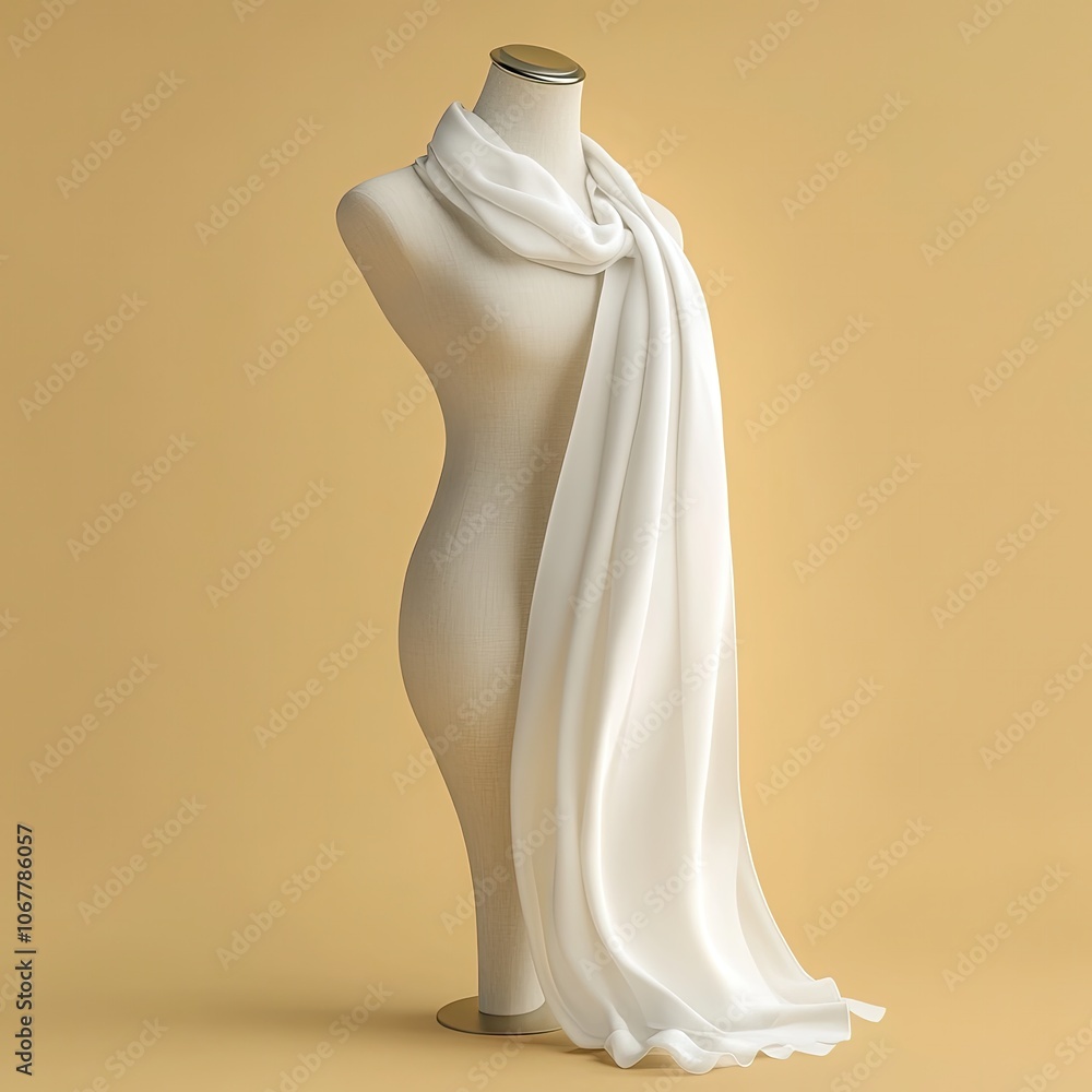 Mockup photo of a white plain scarf draped over a mannequin, captured in high detail and bright colors, showcasing a stylish and fashionable look. Mockup photo of a white plain scarf draped over a mannequin, captured in high detail and bright colors, showcasing a stylish and fashionable look.