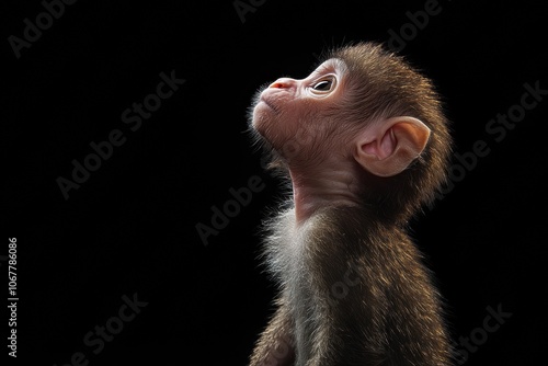 the beside view baby Potto primate standing, left side view, low angle, white copy space on right, Isolated on black Background photo