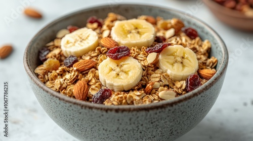 Bowl of granola with slices of banana, dried fruits, and nuts is set on a table next to a spoon, perfect for breakfast and healthy eating concepts,