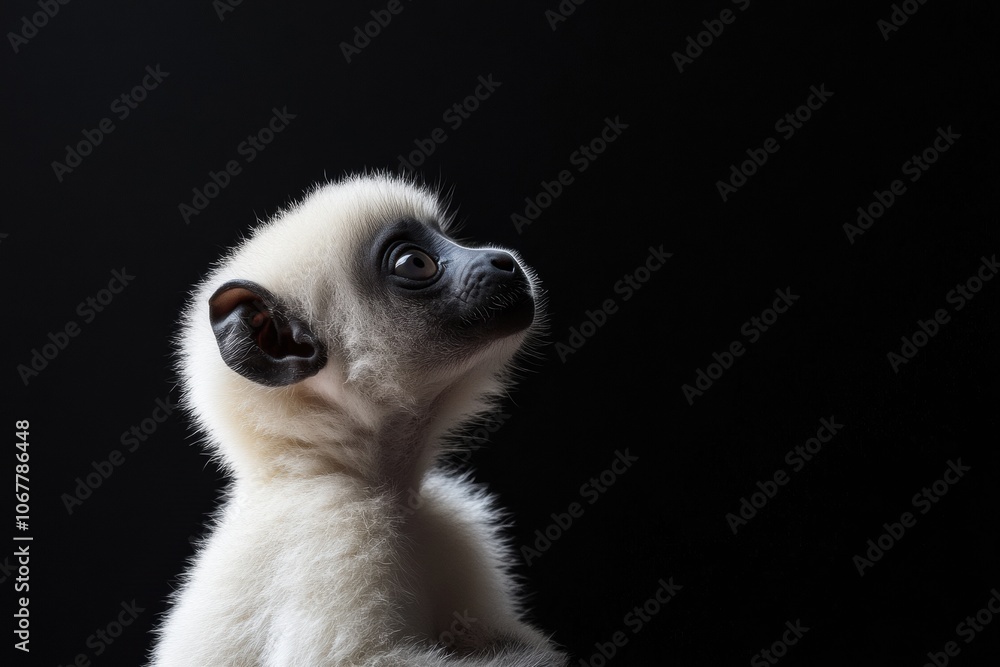 Naklejka premium the beside view baby Sifaka primate standing, left side view, low angle, white copy space on right, Isolated on black Background