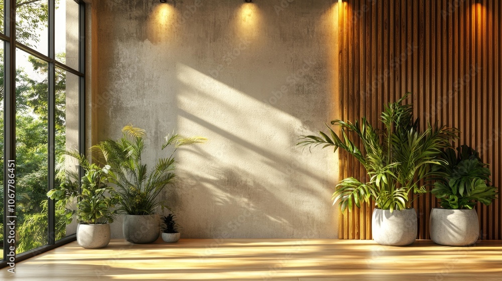 Fototapeta premium Minimalist Interior with Wooden Wall and Plants. Generative AI