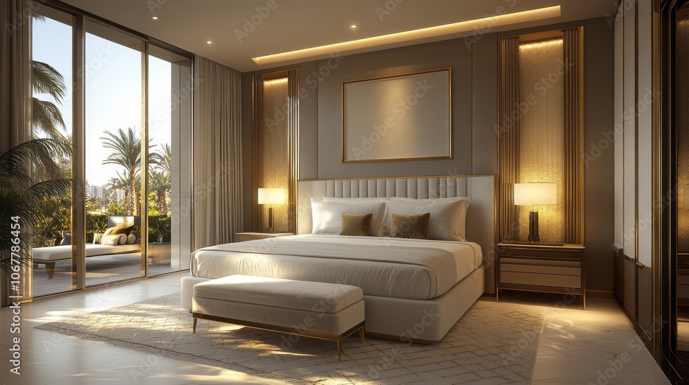 Fototapeta premium Luxurious Bedroom Interior with Golden Accents and a View of Palm Trees