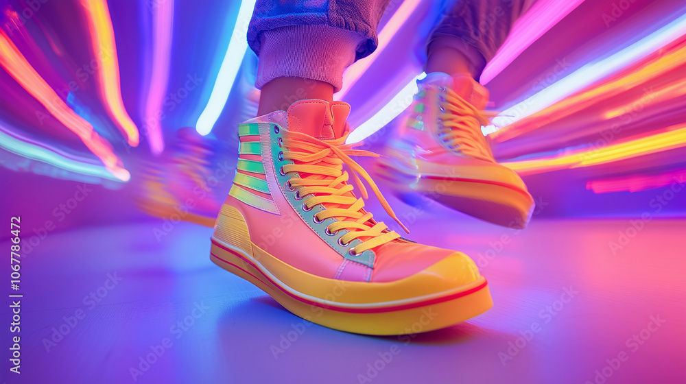 close up of vibrant urban sneakers in pink, yellow, and green, with a youthful and energetic attitude against a neon light background