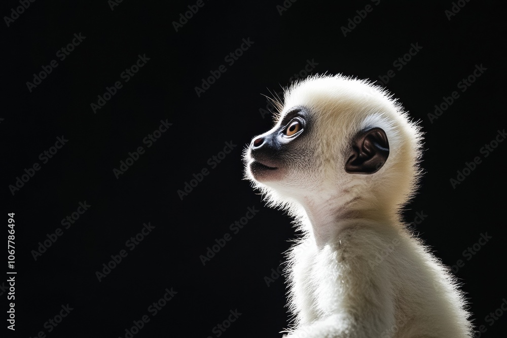 Fototapeta premium the beside view baby Sifaka primate standing, left side view, low angle, white copy space on right, Isolated on black Background