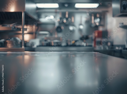 Wallpaper Mural A modern kitchen with stainless steel surfaces and cooking equipment in the background. Torontodigital.ca