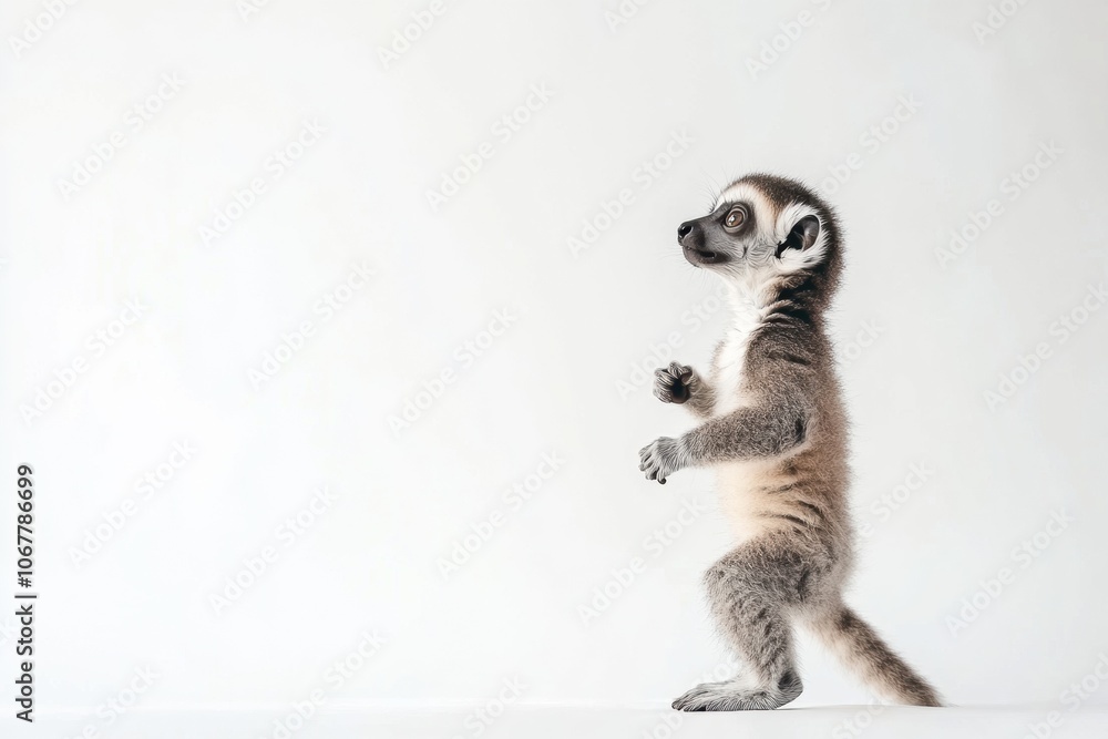 Fototapeta premium the beside view baby Lemur primate standing, left side view, low angle, white copy space on right, Isolated on White Background