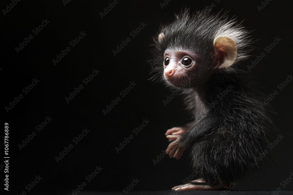the beside view baby Aye-aye primate standing, left side view, low angle, white copy space on right, Isolated on black Background the beside view baby Aye-aye primate standing, left side view, low angle, white copy space on right, Isolated on black Background