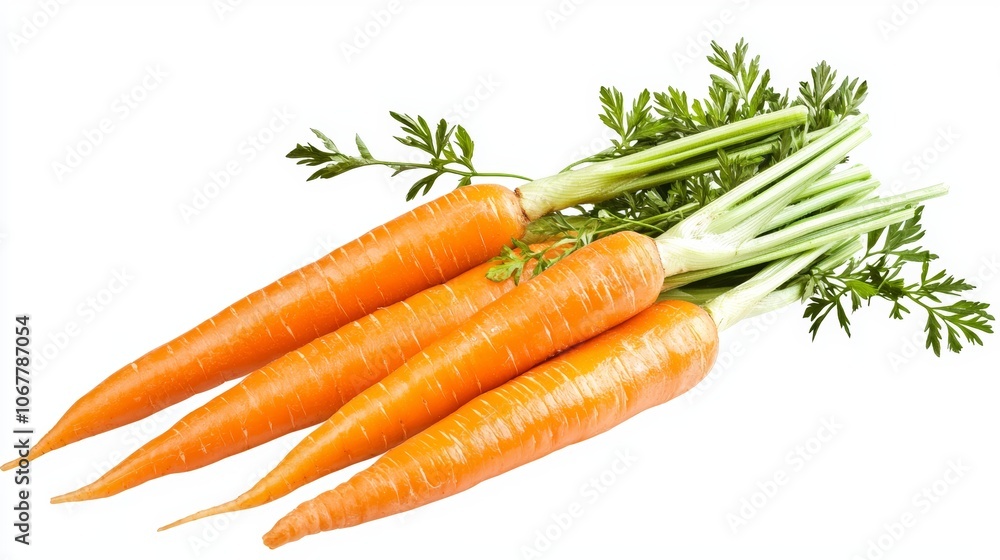 Close-up of crunchy, fresh carrots, isolated on white, bright orange color and smooth texture, perfect for food product ads, minimalistic style Close-up of crunchy, fresh carrots, isolated on white, bright orange color and smooth texture, perfect for food product ads, minimalistic style