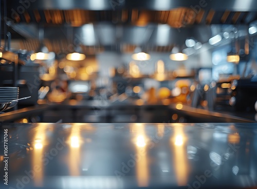 A blurred view of a modern kitchen with warm lighting, suggesting a busy culinary environment.