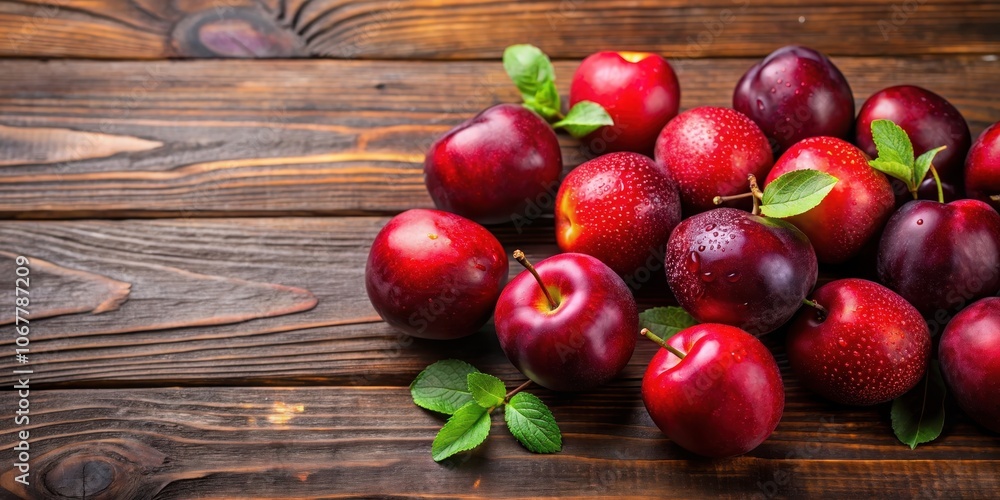 Fresh red plums on a dark wooden background, plums, fruit, fresh, red, vibrant, juicy, organic, healthy, snack, natural, ripe Fresh red plums on a dark wooden background, plums, fruit, fresh, red, vibrant, juicy, organic, healthy, snack, natural, ripe
