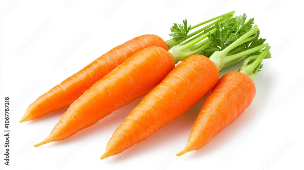 Close-up of fresh carrots with vibrant orange color, isolated on white background, perfect for food advertisements, clean and minimalistic design Close-up of fresh carrots with vibrant orange color, isolated on white background, perfect for food advertisements, clean and minimalistic design
