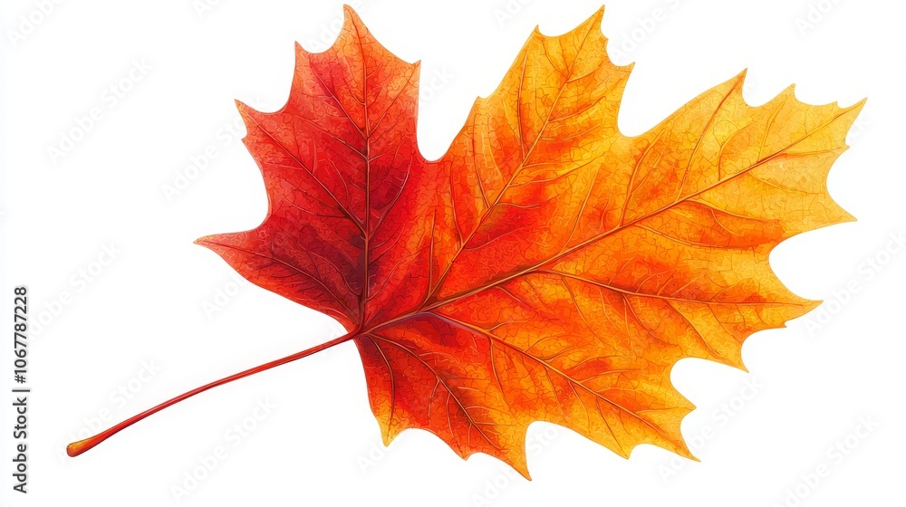 Fototapeta premium Autumn maple leaf clipart, red and orange hues, detailed close-up design isolated on white background, perfect for seasonal advertising
