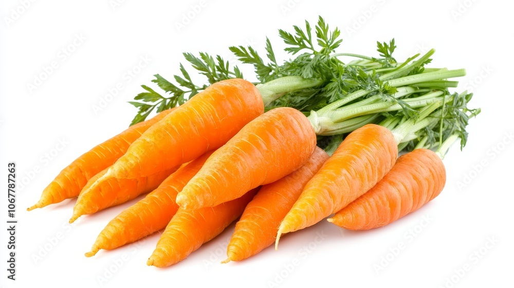 Fresh carrots with bright orange hues, close-up shot isolated on white background, perfect for healthy eating advertisements, clean and simple layout Fresh carrots with bright orange hues, close-up shot isolated on white background, perfect for healthy eating advertisements, clean and simple layout