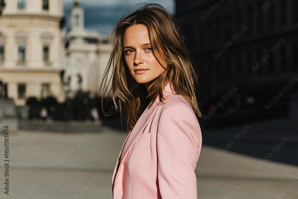 Fototapeta premium a woman in a pink blazer standing alone in a city square