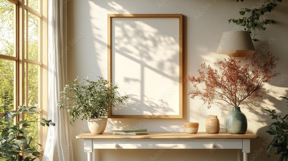 Scandinavian Interior Mockup with Wooden Frame. Generative AI Scandinavian Interior Mockup with Wooden Frame. Generative AI