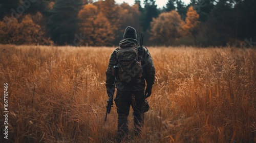 A hunter in camouflage explores a golden field during autumn, surrounded by vibrant trees at sunset in a serene outdoor setting