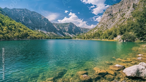 Crystal-clear alpine lake surrounded by towering mountains and lush greenery Ideal for travel brochures