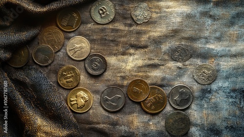 A collection of old coins scattered on a fabric surface. The coins are of various denominations and are worn with age. photo