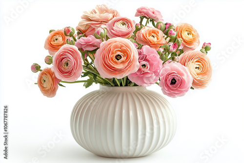 Ceramic white vase with pink roses isolated on white background. photo