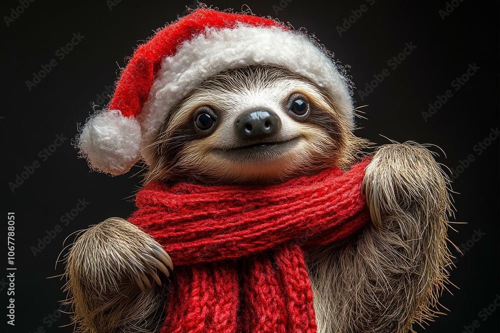 Obraz premium Adorable sloth in Santa hat and scarf brings festive humor to Christmas and winter celebrations