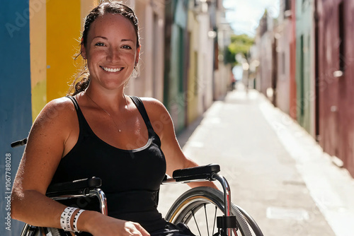 a woman in a wheelchair smiling at the camera while sitting in a vibrant alley