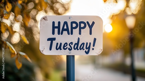 A cheerful sign wishing a happy Tuesday in a pleasant outdoor setting.