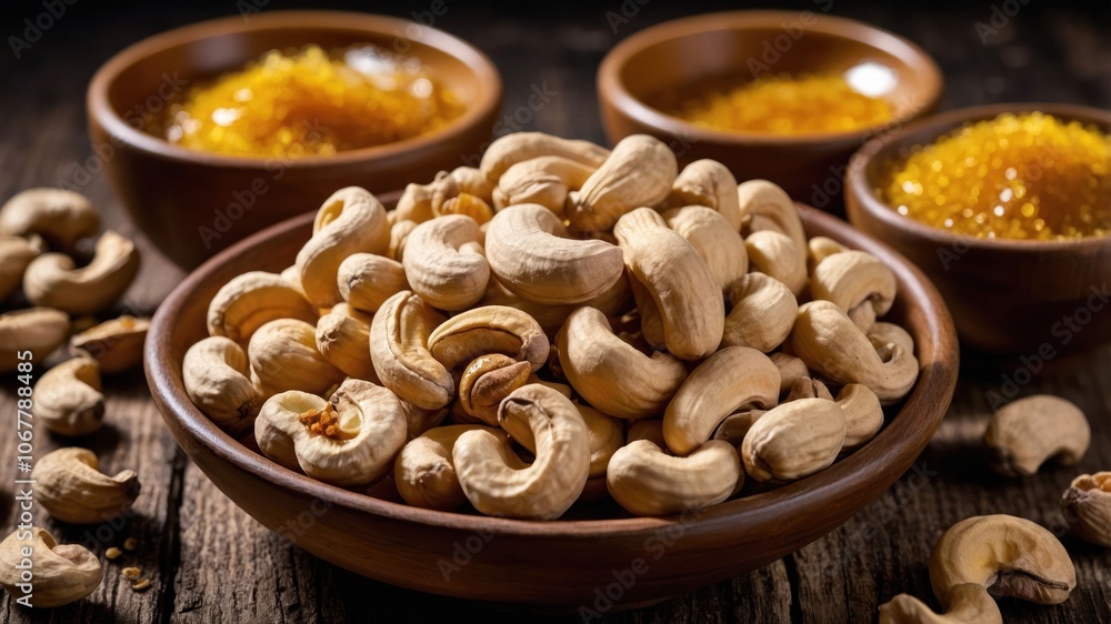 A bowl of cashews surrounded by sweet syrup in wooden bowls on a rustic table. A bowl of cashews surrounded by sweet syrup in wooden bowls on a rustic table.