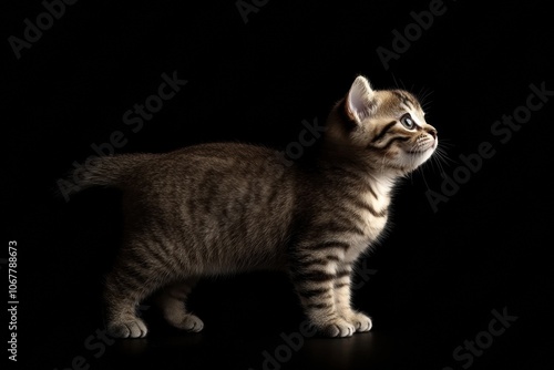 the beside view baby Scottish Fold cat standing, left side view, low angle, white copy space on right, Isolated on black Background