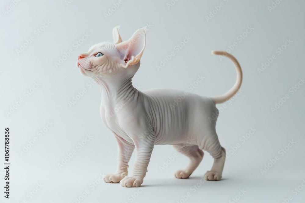 the beside view baby Sphynx cat standing, left side view, low angle, white copy space on right, Isolated on black Background the beside view baby Sphynx cat standing, left side view, low angle, white copy space on right, Isolated on black Background