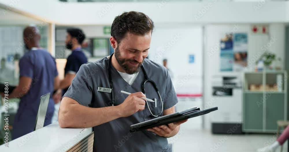 Man, doctor and thinking with tablet in hospital for healthcare services, medical advice and about us. Male surgeon, check and information of treatment idea, diagnosis and research for report results Man, doctor and thinking with tablet in hospital for healthcare services, medical advice and about us. Male surgeon, check and information of treatment idea, diagnosis and research for report results