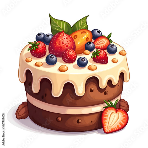 Indulge in the sweetness of a delectable layered cake adorned with fresh fruits, digital illustration of food art concept. photo