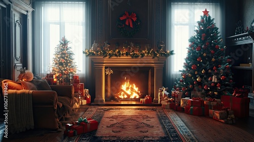 Wallpaper Mural A cozy living room decorated for Christmas with a fireplace, two Christmas trees, and presents under each tree. Torontodigital.ca