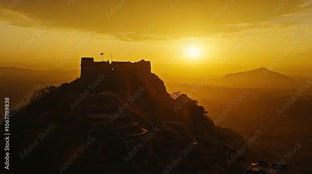 Obraz premium A silhouette of a fortress on a hilltop with the sun setting in the distance, creating a warm and inviting atmosphere.