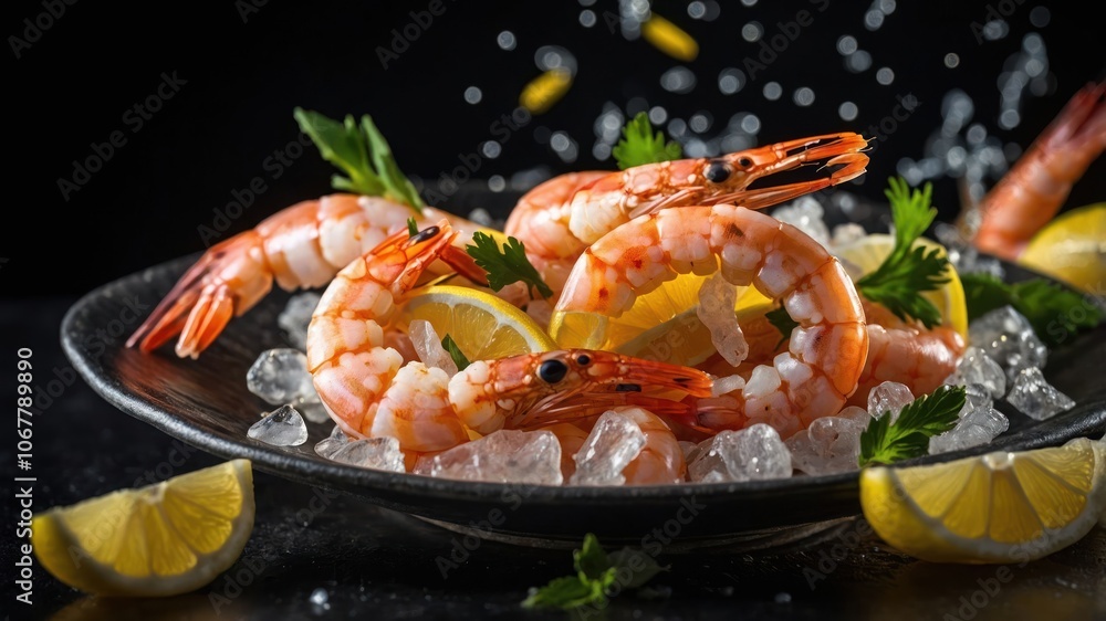 A plate of shrimp garnished with lemon and herbs, served on ice for a seafood dish. A plate of shrimp garnished with lemon and herbs, served on ice for a seafood dish.
