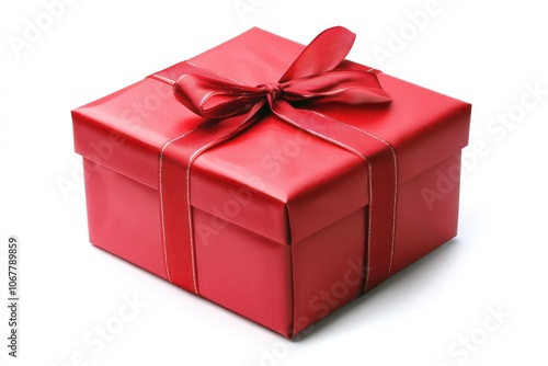 A red ribbon-tied gift box against a white background, perfect for a celebratory and cheerful holiday theme. photo