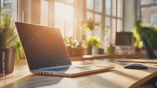 Sunlit Office Desk with Laptop 