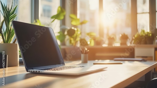 Wallpaper Mural Sunlit Office Desk with Laptop	 Torontodigital.ca