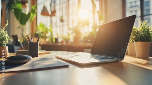 Wallpaper Mural Sunlit Office Desk with Laptop	 Torontodigital.ca