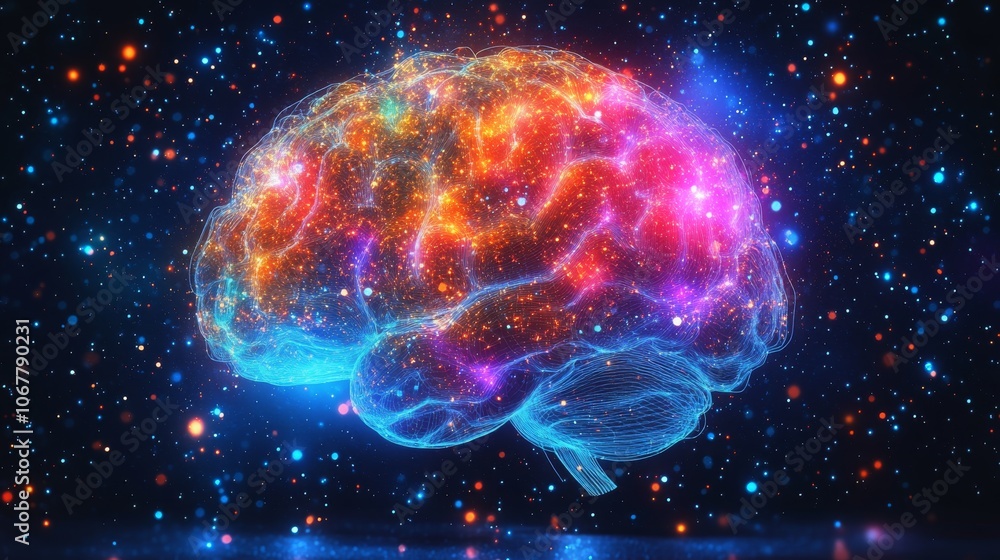 Colorful digital silhouette of a brain glowing against a starry cosmic background Colorful digital silhouette of a brain glowing against a starry cosmic background