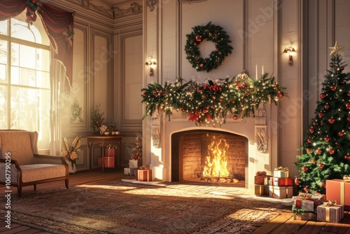 A room with a decorated fireplace for Christmas Eve, capturing the festive atmosphere.